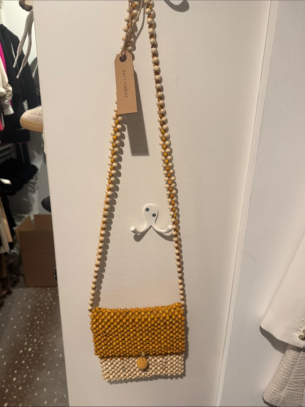 Beaded Two-Tone Crossbody Bag in Mustard and Cream